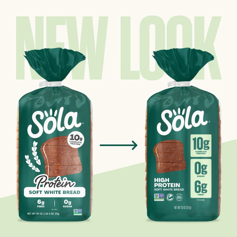 Two packages of Sola bread are shown side by side, one labeled "Protein Soft White Bread" and the other "High Protein Soft White Bread," with a green "NEW LOOK" text in the background.