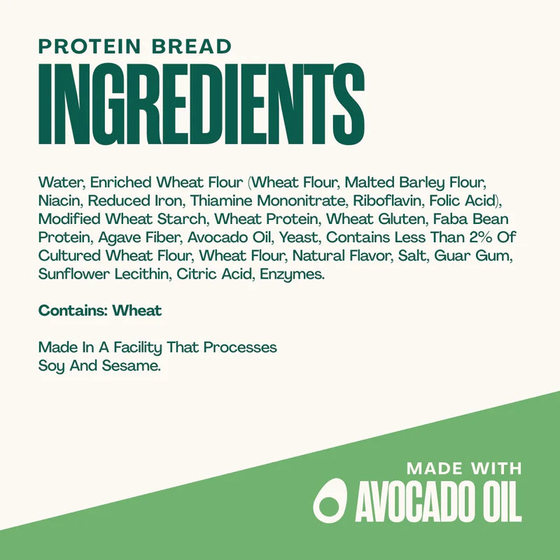 A list of ingredients for protein bread, including water, enriched wheat flour, avocado oil, and various additives, with a note about processing in a facility that handles soy and sesame.