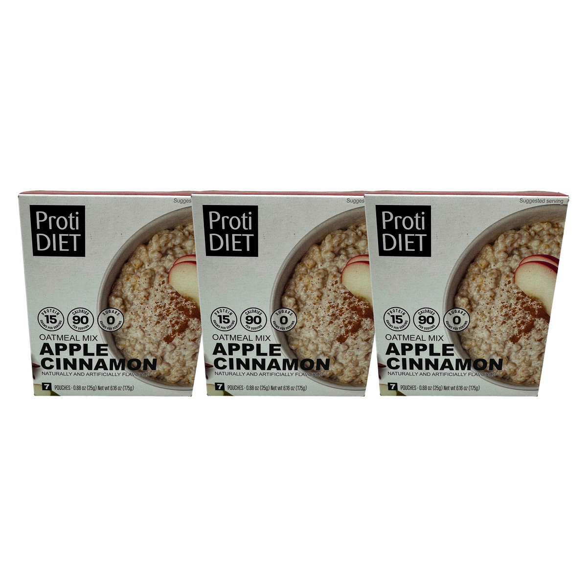 Three boxes of ProtiDIET Apple Cinnamon oatmeal mix are displayed, each featuring a bowl of oatmeal topped with apple slices and sprinkled with cinnamon, highlighting nutritional information and serving suggestions.