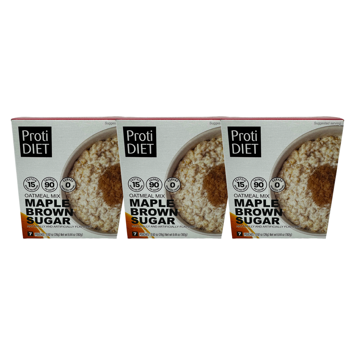 Three boxes of ProtiDIET Maple Brown Sugar oatmeal mix are displayed, each showing a bowl of oatmeal topped with brown sugar, highlighting its protein content and suggested serving information.