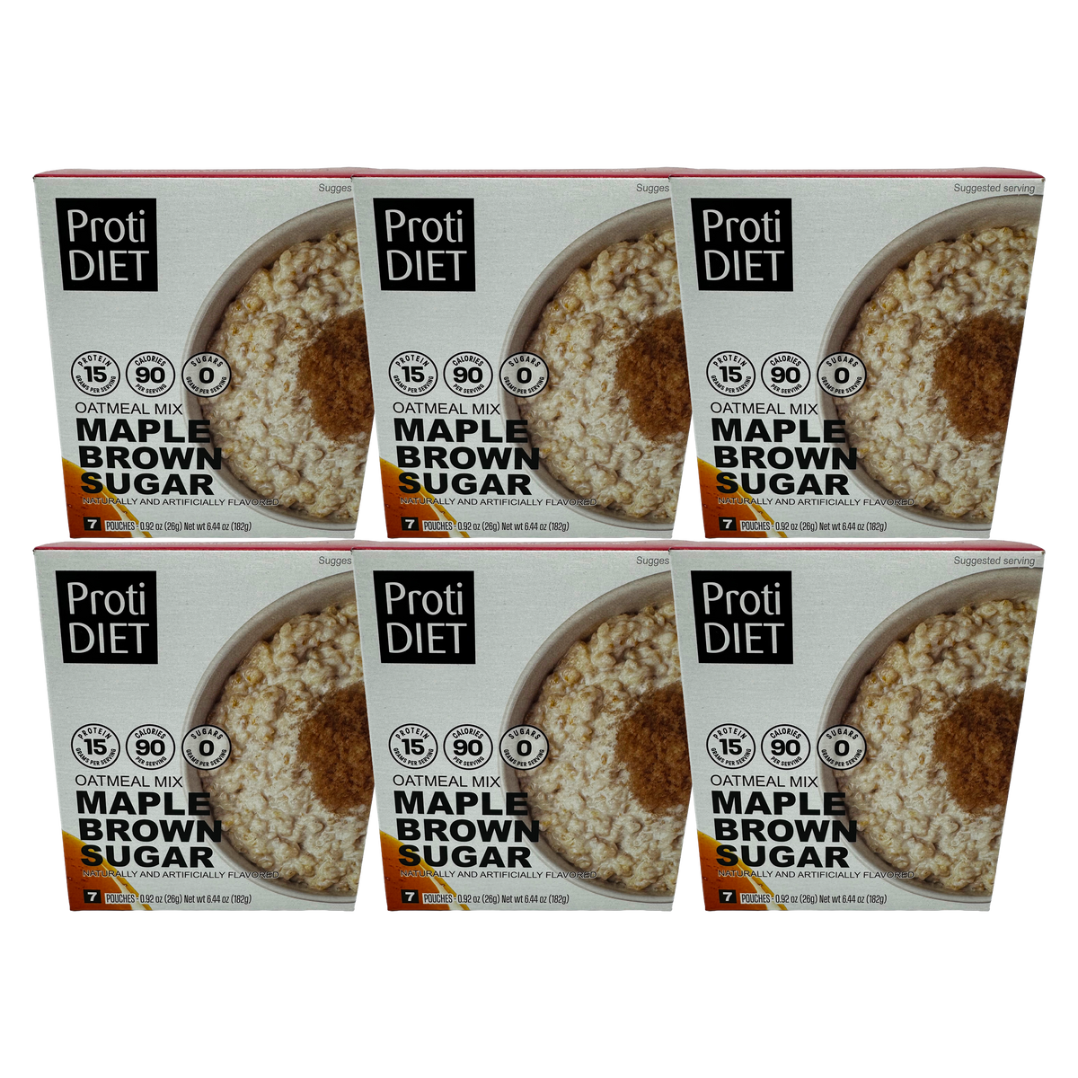 Six boxes of ProtiDiet Maple Brown Sugar oatmeal mix are stacked together, each showing a bowl of oatmeal topped with brown sugar, highlighting nutritional information and serving suggestions.