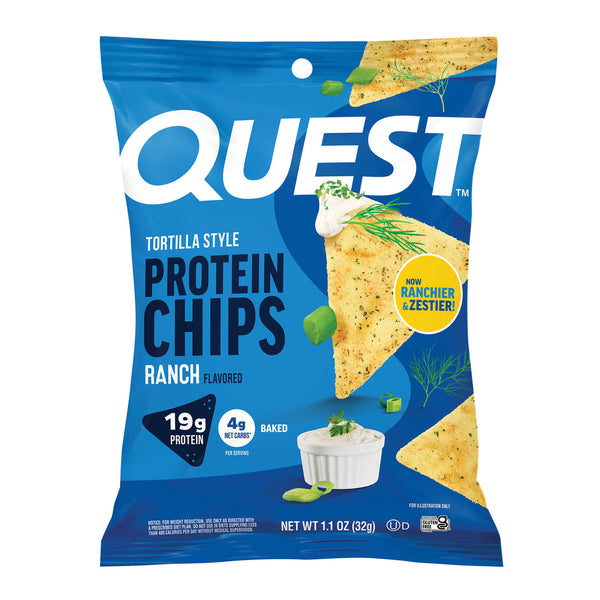 A blue bag of Quest Tortilla Style Protein Chips, ranch flavored, displays the product name, nutritional information, and a small bowl of ranch dip with herbs on a white background.