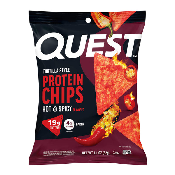 A bag of Quest Tortilla Style Protein Chips in Hot & Spicy flavor, featuring vibrant red chips and chili peppers, highlights 19g of protein and 4g of net carbs per serving.