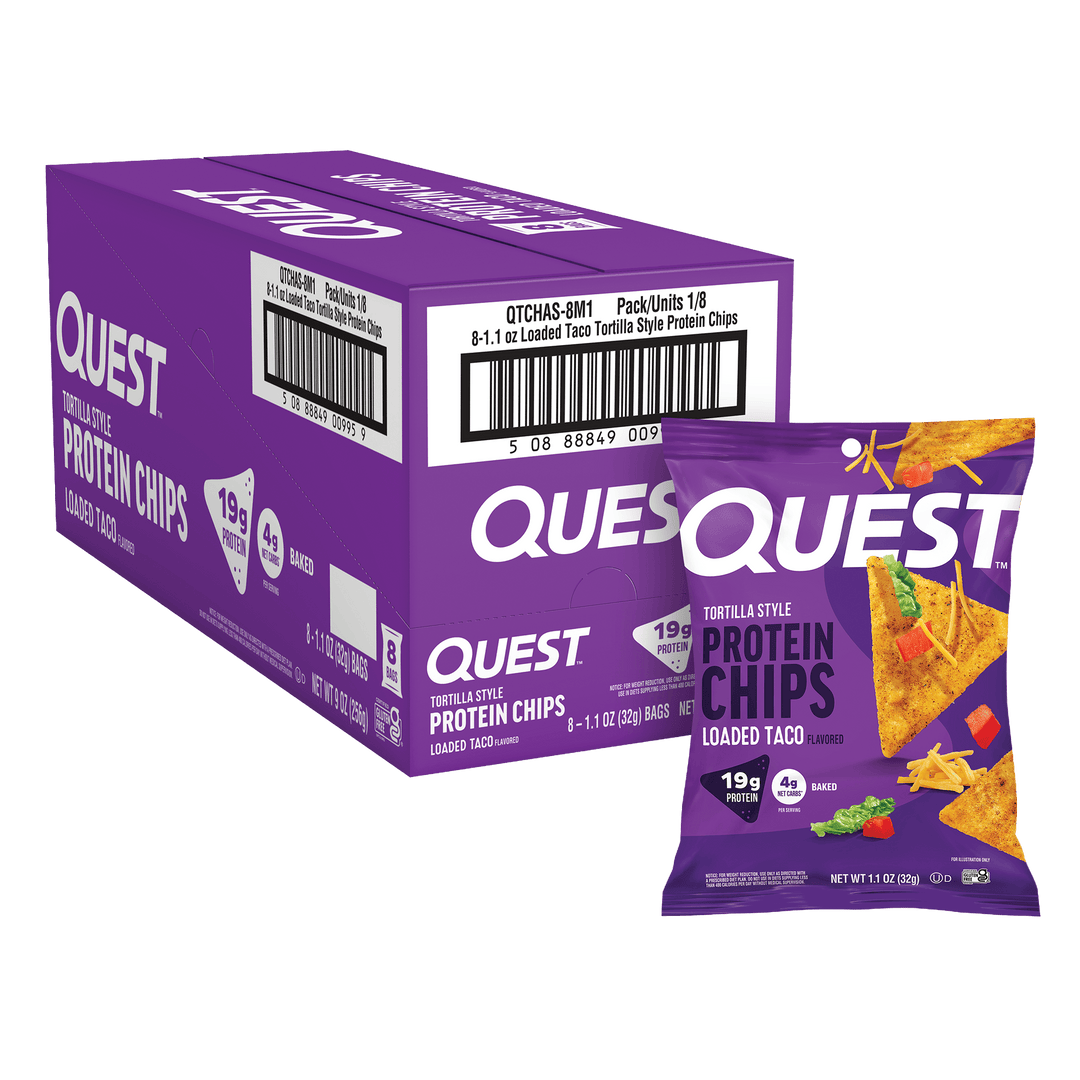 A purple box of Quest Loaded Taco Protein Chips is displayed alongside an individual bag, highlighting the product's protein content and baked nature.