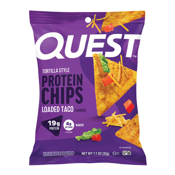 Purple bag of Quest Tortilla Style Protein Chips, labeled "Loaded Taco" flavor, featuring colorful tortilla chips and highlighting 19 grams of protein per serving.