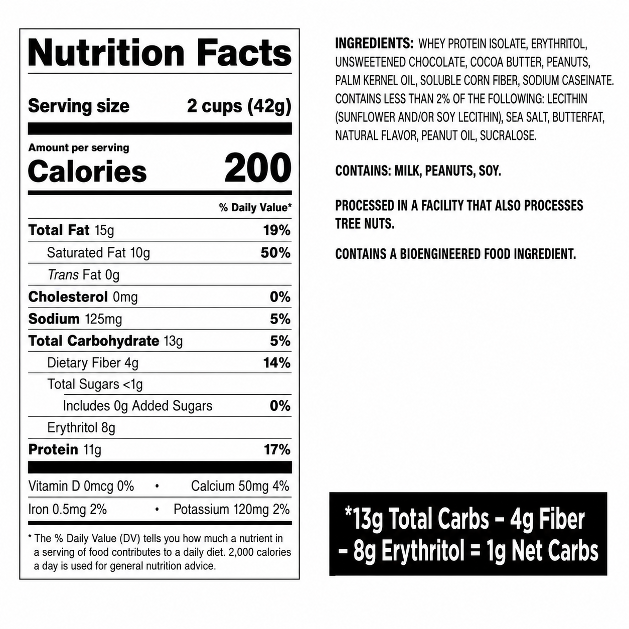 Nutrition facts label detailing ingredients, serving size, calories, and nutrient values for a food product, including information on allergens and bioengineered ingredients.