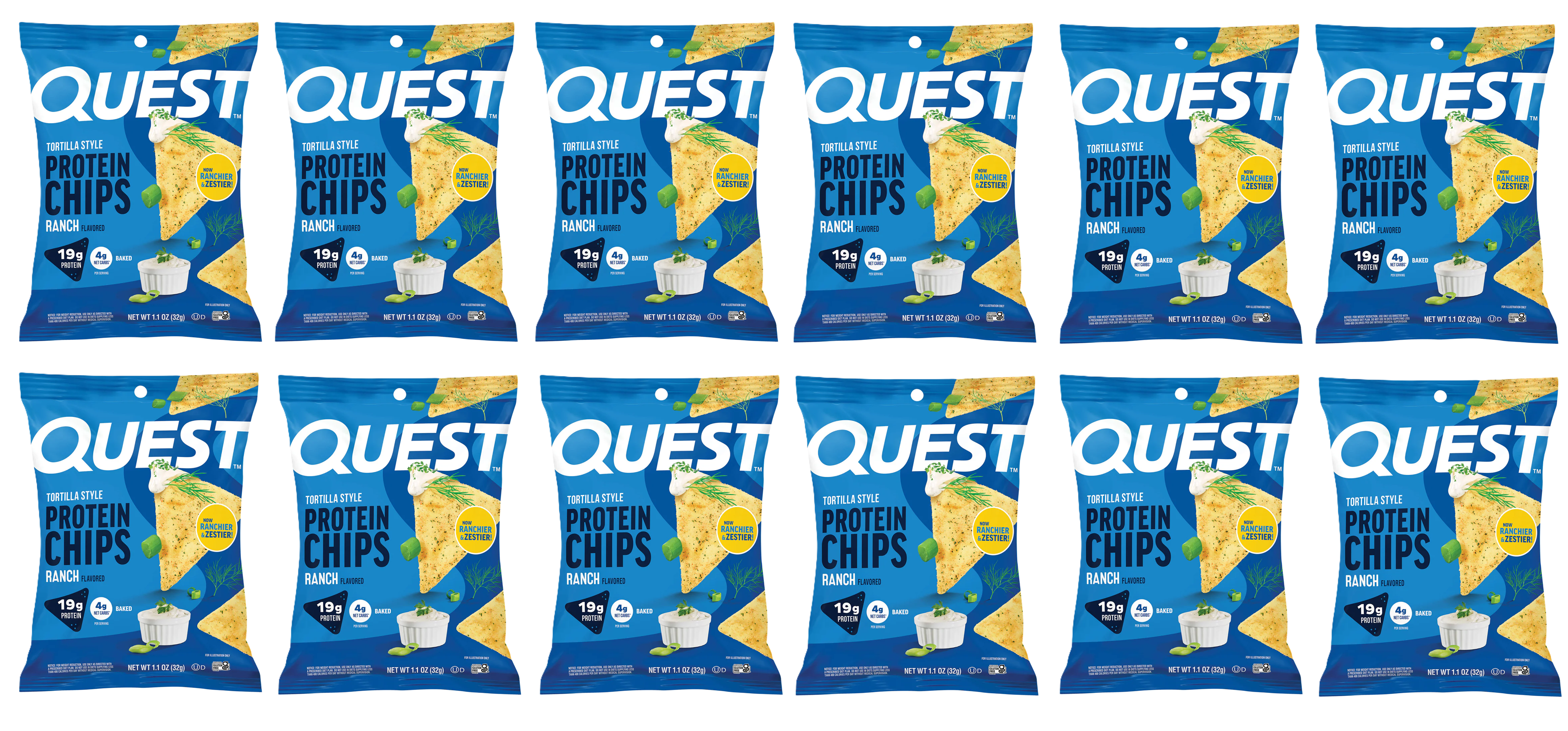 A grid of multiple bags of Quest Ranch-flavored protein chips, each displaying the product name, nutritional information, and a visual of a chip with dip, emphasizing its protein content.