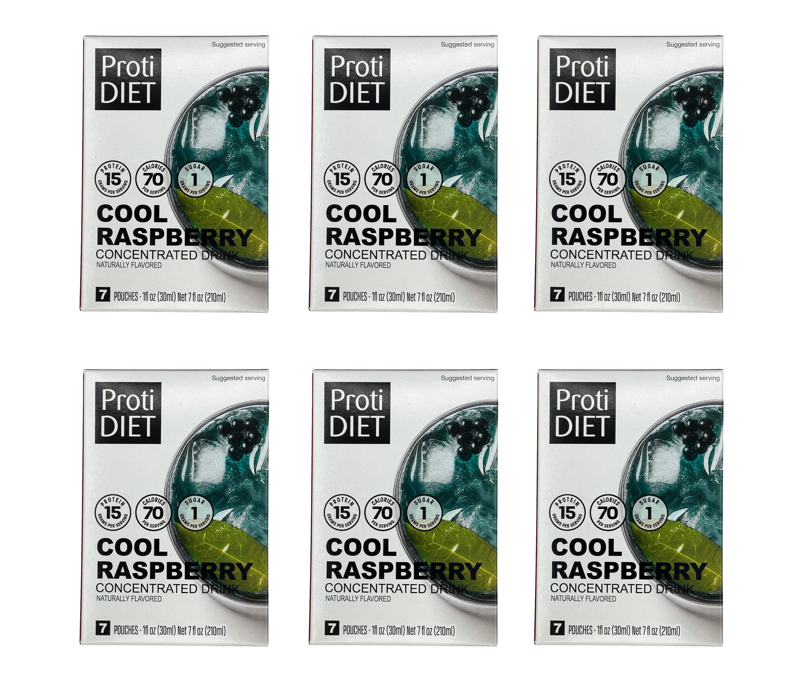 Six boxes of Proti DIET Cool Raspberry concentrated drink mix are displayed, each featuring a colorful design with images of raspberries and ice, highlighting nutritional information and serving size.