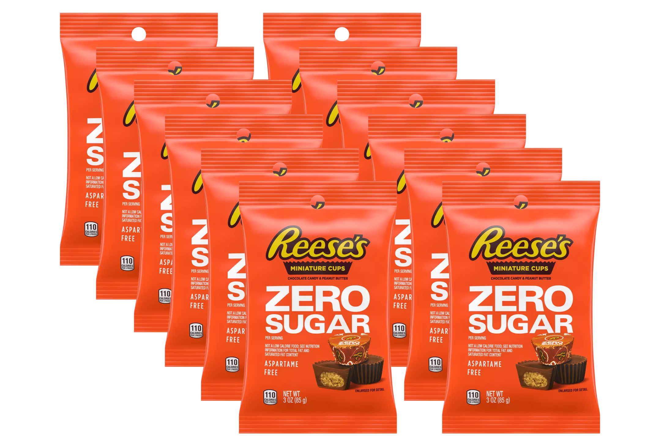 Twelve packages of Reese's Miniature Cups labeled "Zero Sugar" are stacked together, showcasing the bright orange packaging featuring the product name and nutritional information.
