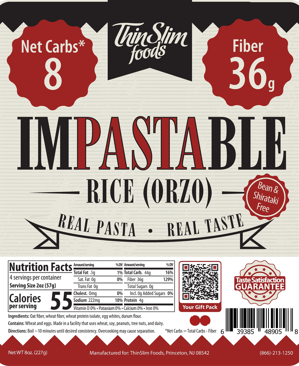 A product label for ThinSlim Foods' Impastable Rice (Orzo), featuring nutritional information, including 8 net carbs and 36g of fiber, with a guarantee and QR code for additional details.