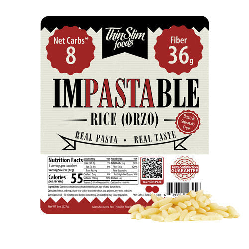 A package of Thin Slim Foods Impastable Rice (Orzo) displays nutritional information, highlighting 8 net carbs and 36 grams of fiber, with a guarantee of real pasta taste.