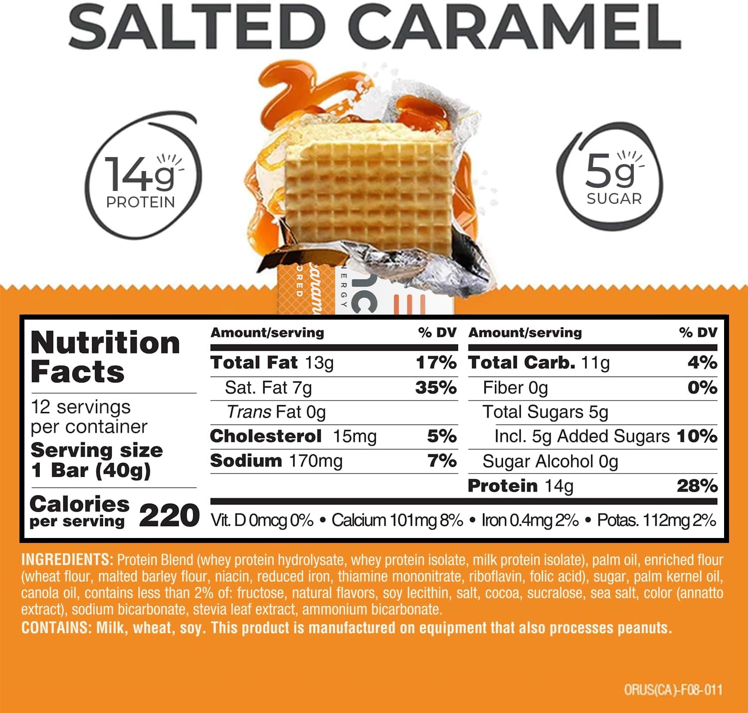 A nutritional label for a salted caramel protein bar highlights its 14 grams of protein, 5 grams of sugar, and key ingredients, set against an image of the bar with caramel drizzles.