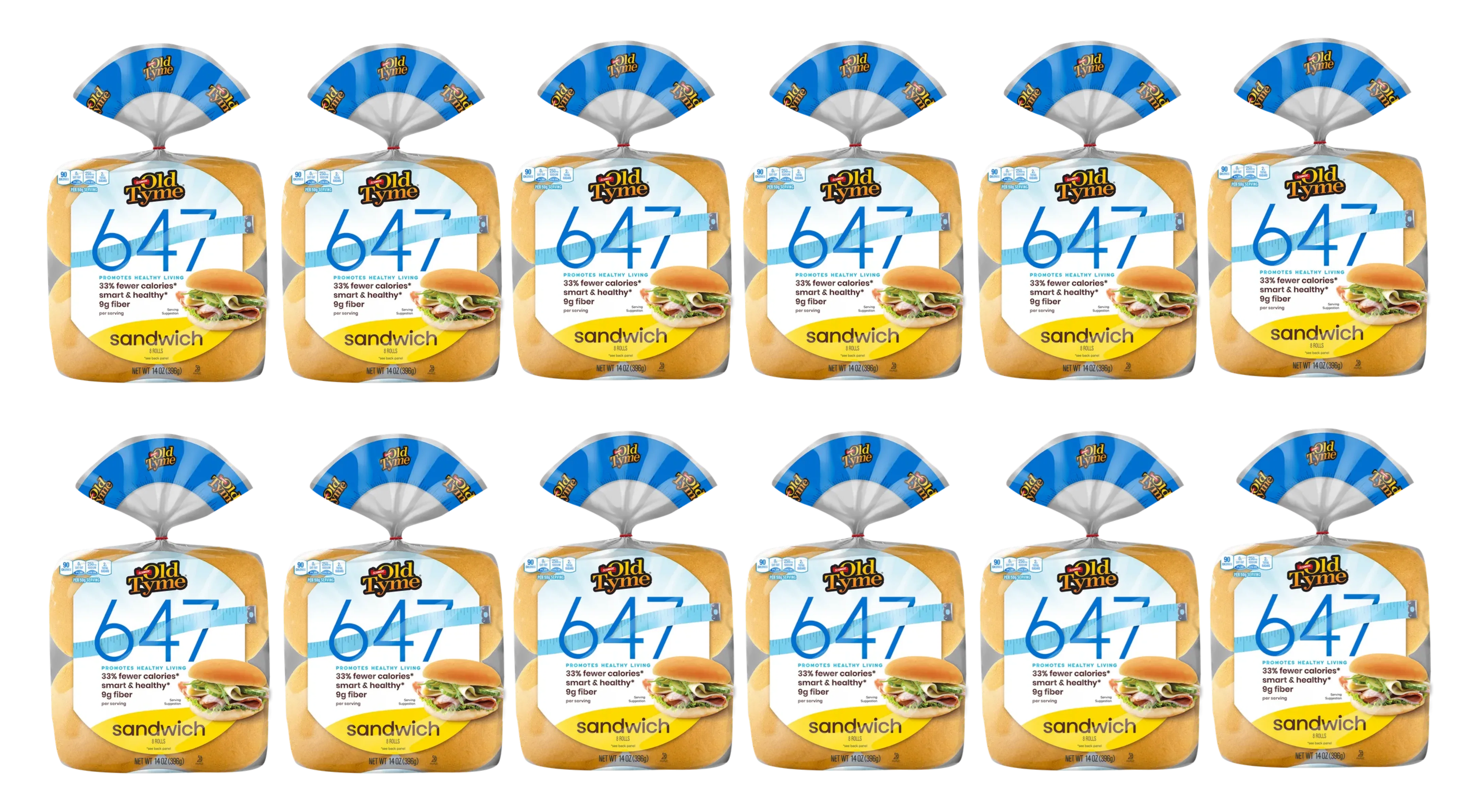 Twelve packages of Old Tyme 647 sandwich bread are displayed in a grid, each featuring a blue and white design with nutritional information highlighting fewer calories and high fiber content.