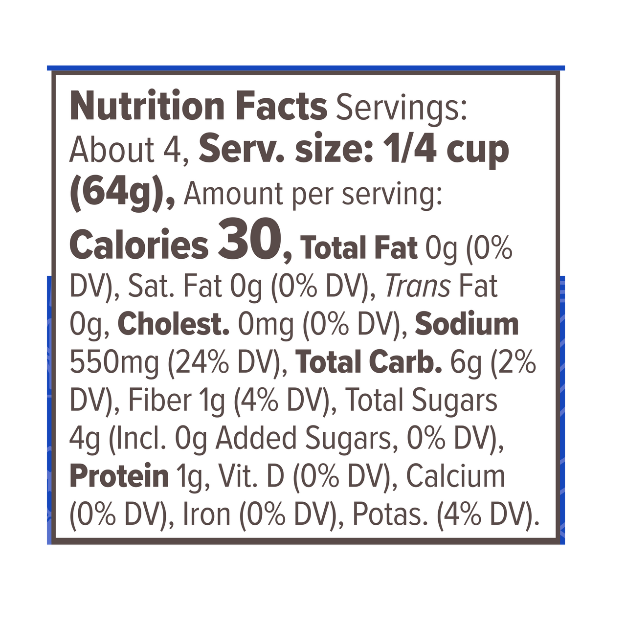 A nutrition facts label displays serving size, calories, and detailed nutritional information, including total fat, sodium, carbohydrates, fiber, sugars, and protein per serving.