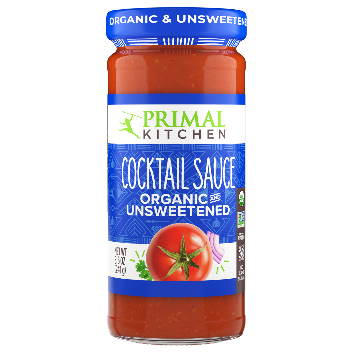 A glass jar of Primal Kitchen organic and unsweetened cocktail sauce features a vibrant red sauce, a label with a tomato graphic, and is prominently displayed against a white background.