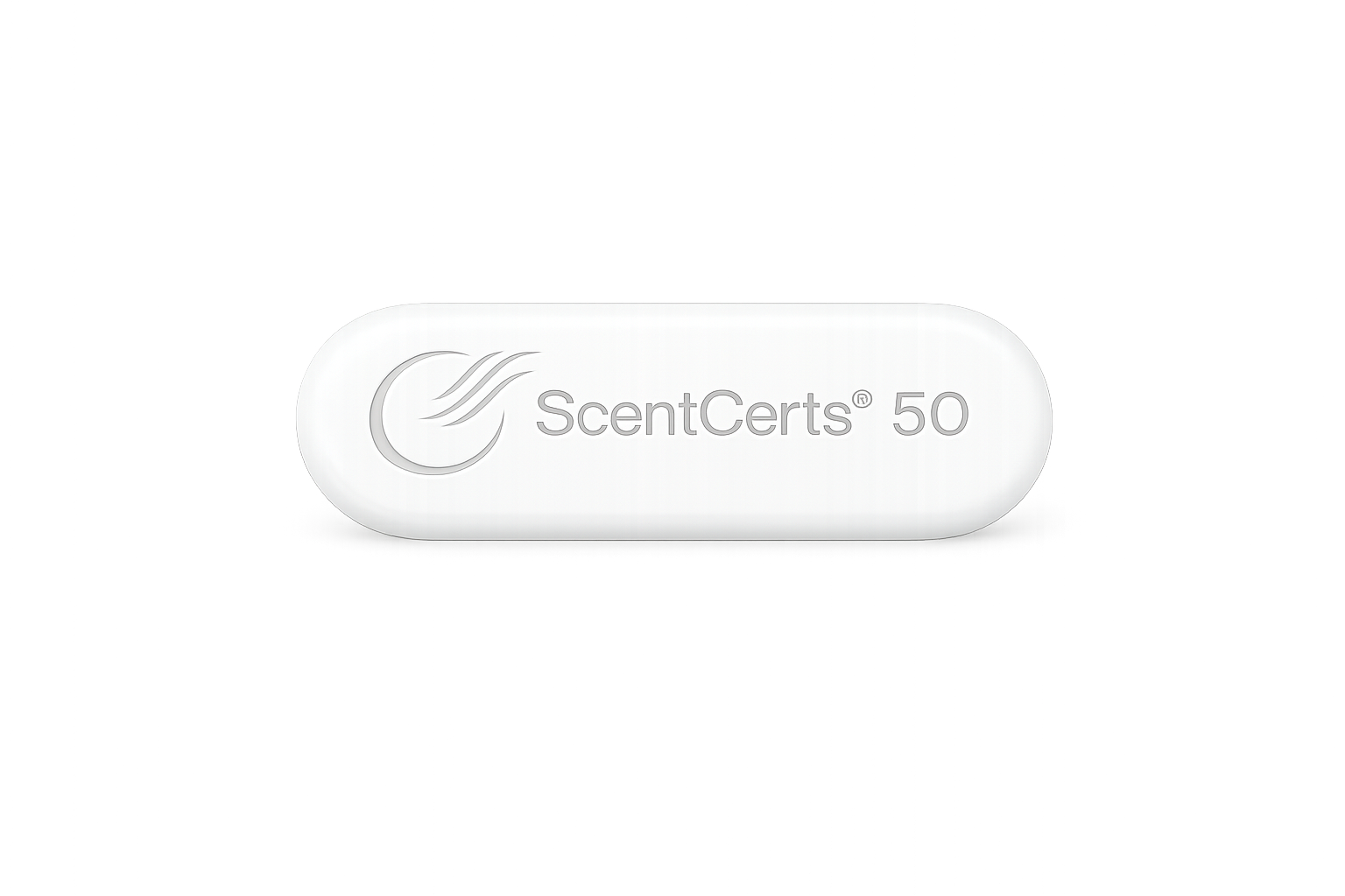 A white, oval-shaped object with the words "ScentCerts" embossed on its surface.