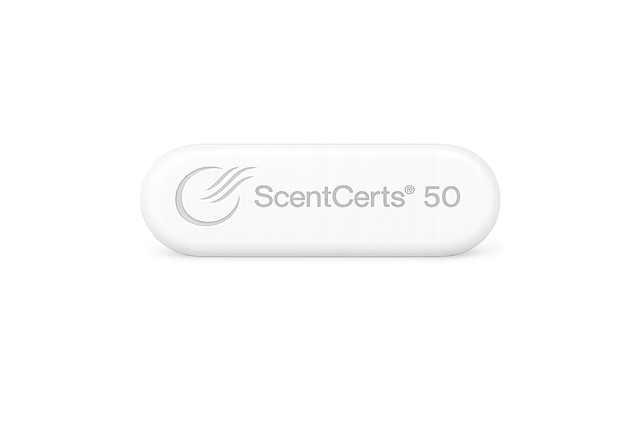 A white, oval-shaped object with the words "ScentCerts" embossed on its surface.