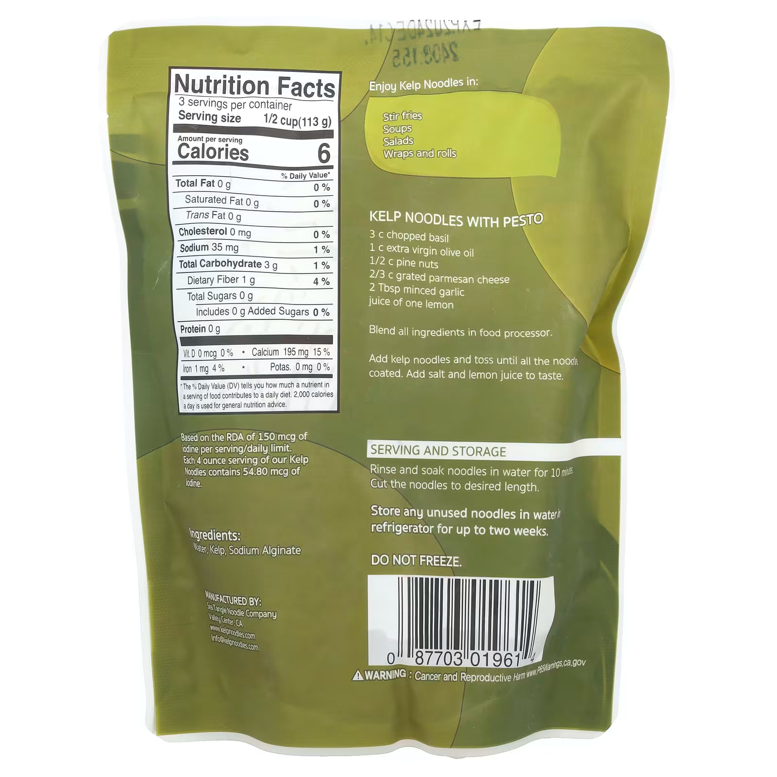 The back of a package displays nutrition facts and preparation instructions for kelp noodles, featuring a green design and a barcode at the bottom.