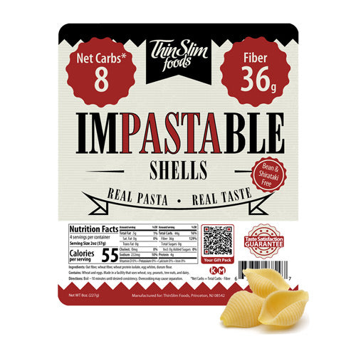 A package of Thin Slim Foods Impastable Shells features the product name prominently, highlighting 8 net carbs and 36 grams of fiber, with a few pasta shells displayed in front.