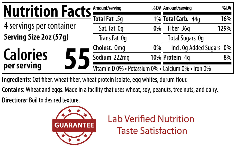 Nutrition facts label detailing serving size, calories, and nutritional content, including ingredients and directions for preparation, along with a guarantee of taste satisfaction.