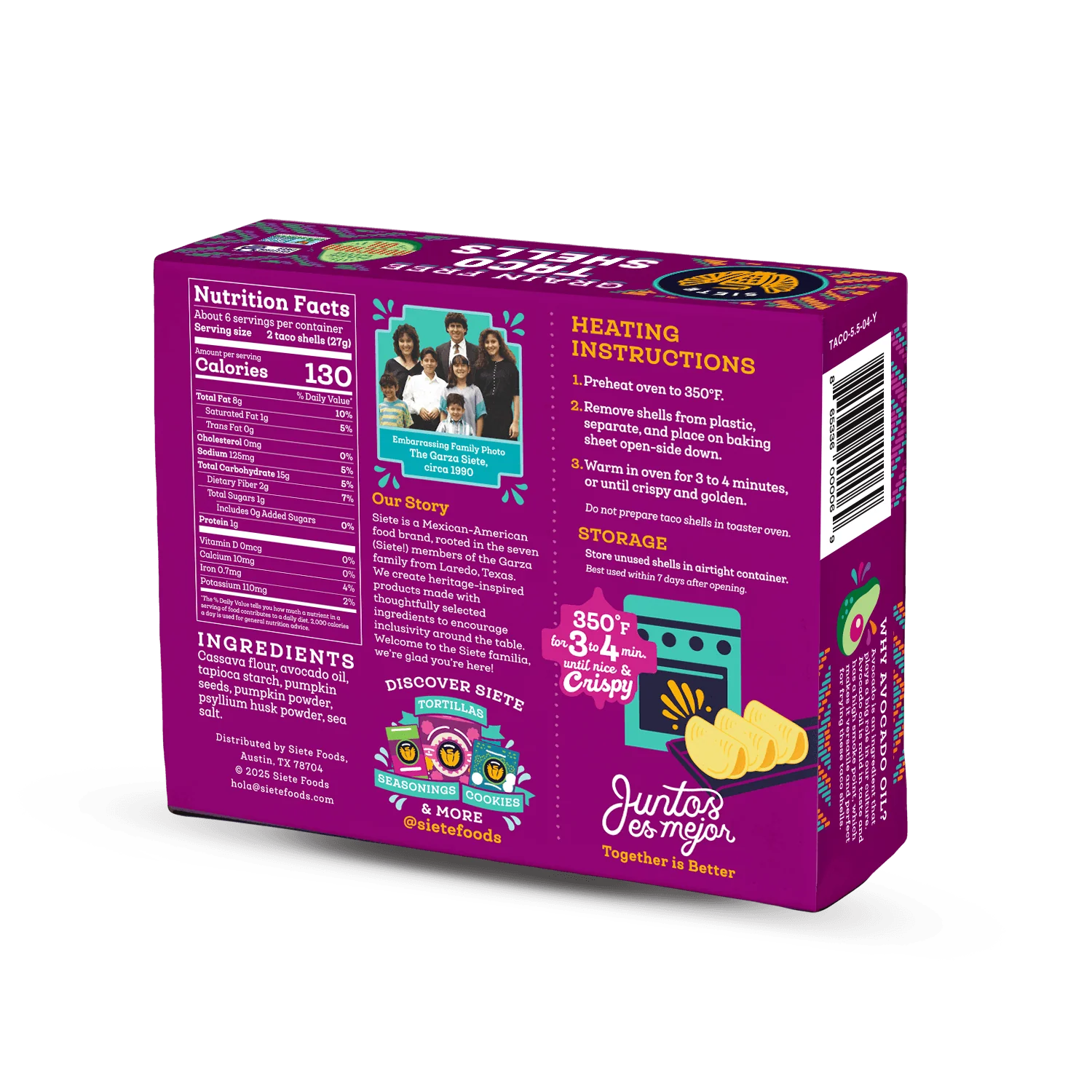 The back of a colorful food packaging features nutrition facts, heating instructions, and a family photo, highlighting the brand's story and ingredients for tortilla shells.