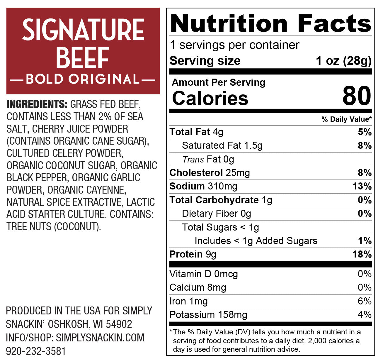Nutrition facts label for "Signature Beef Bold Original," detailing ingredients, serving size, and nutritional information including calories, fats, protein, and minerals.