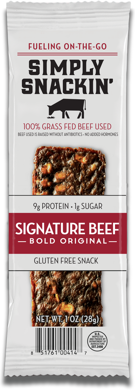 A packaged snack featuring a beef jerky bar labeled "Simply Snackin' Signature Beef," highlighting it as gluten-free, made from 100% grass-fed beef, and containing 9g of protein and 1g of sugar.