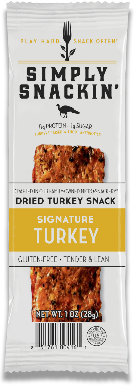 A packaged snack featuring "Simply Snackin'" dried turkey, highlighting 11g protein and 1g sugar, with a gluten-free label and a rustic, appetizing appearance.