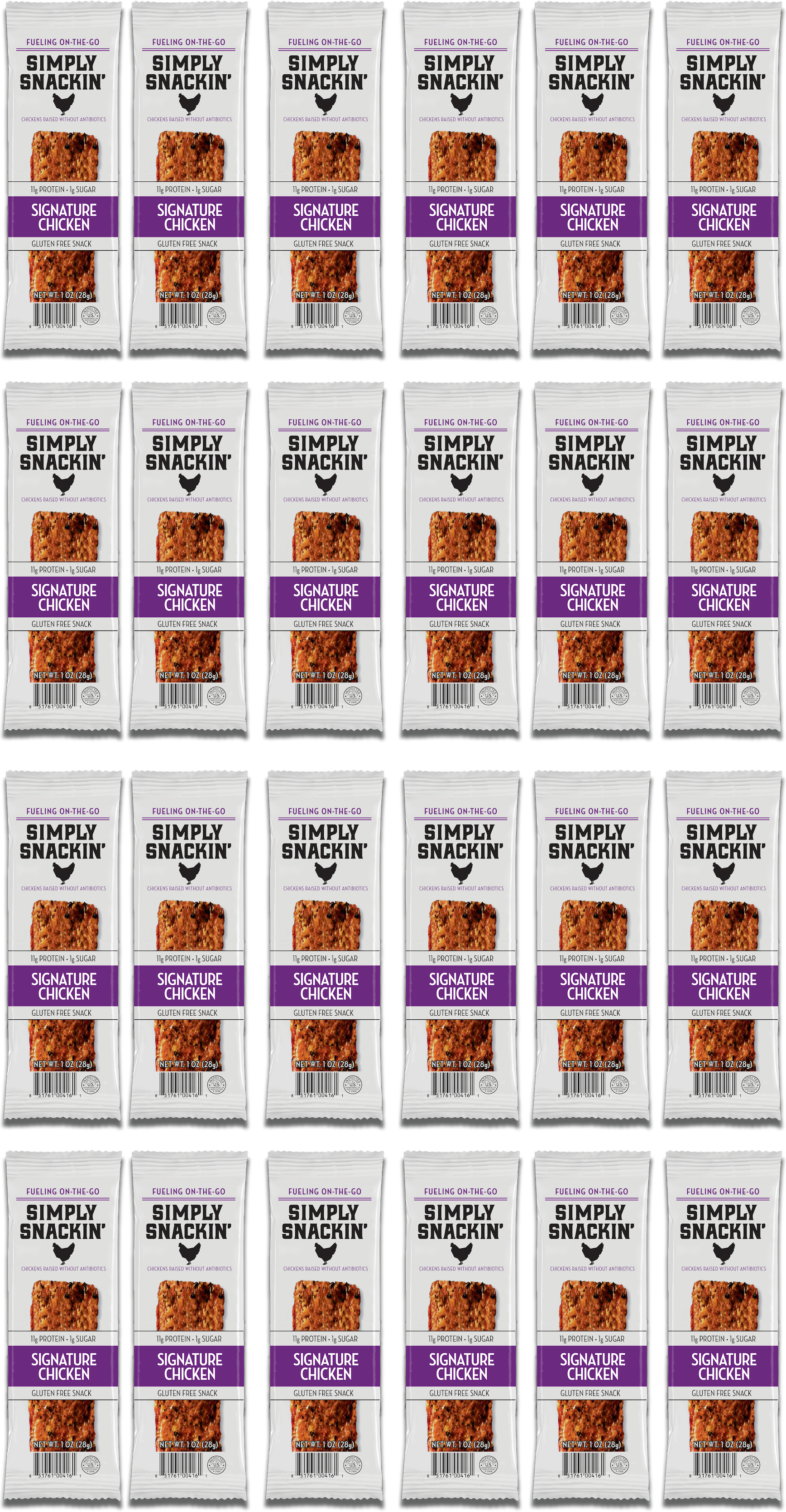 A grid of individually packaged Simply Snackin' Signature Chicken snacks, each featuring a brown protein bar with a purple label indicating gluten-free and high protein content.