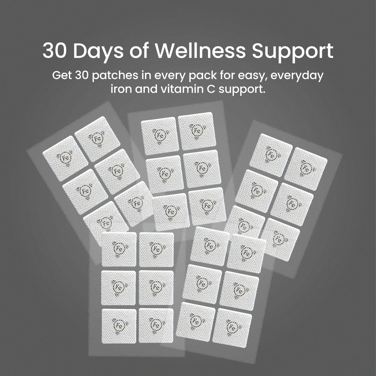 A collection of 30 wellness patches, featuring a bear design, is displayed on a gray background, promoting daily iron and vitamin C support for health.