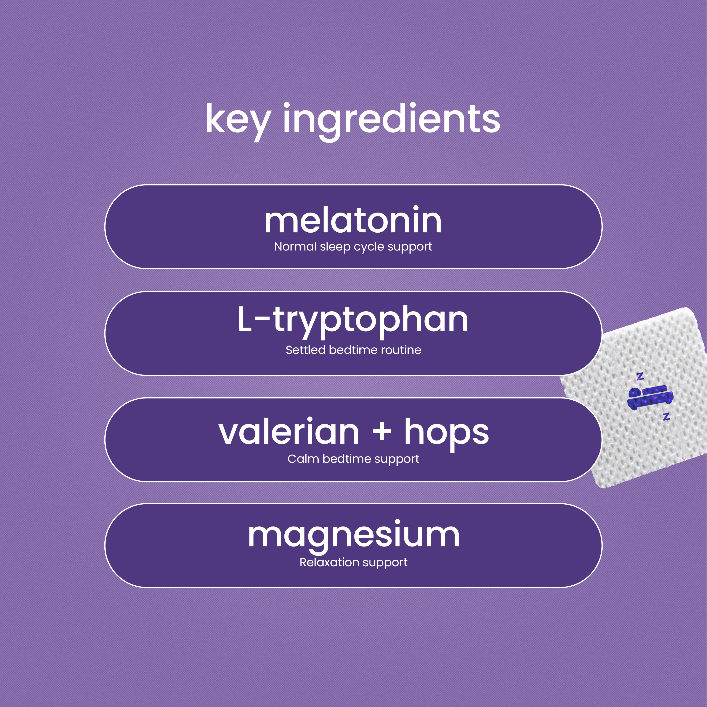 PatchAid Sleep Aid Patches with 5-HTP and valerian root for natural sleep support. Key ingredients for a sleep aid, including melatonin, L-tryptophan, valerian + hops, and magnesium, each with a brief description of their benefits for sleep support.