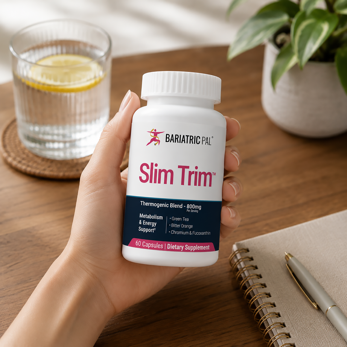 BariatricPal Slim Trim stimulant-free thermogenic blend with green tea, bitter orange and chromium to support metabolism and energy. One morning dose; 60 capsules.