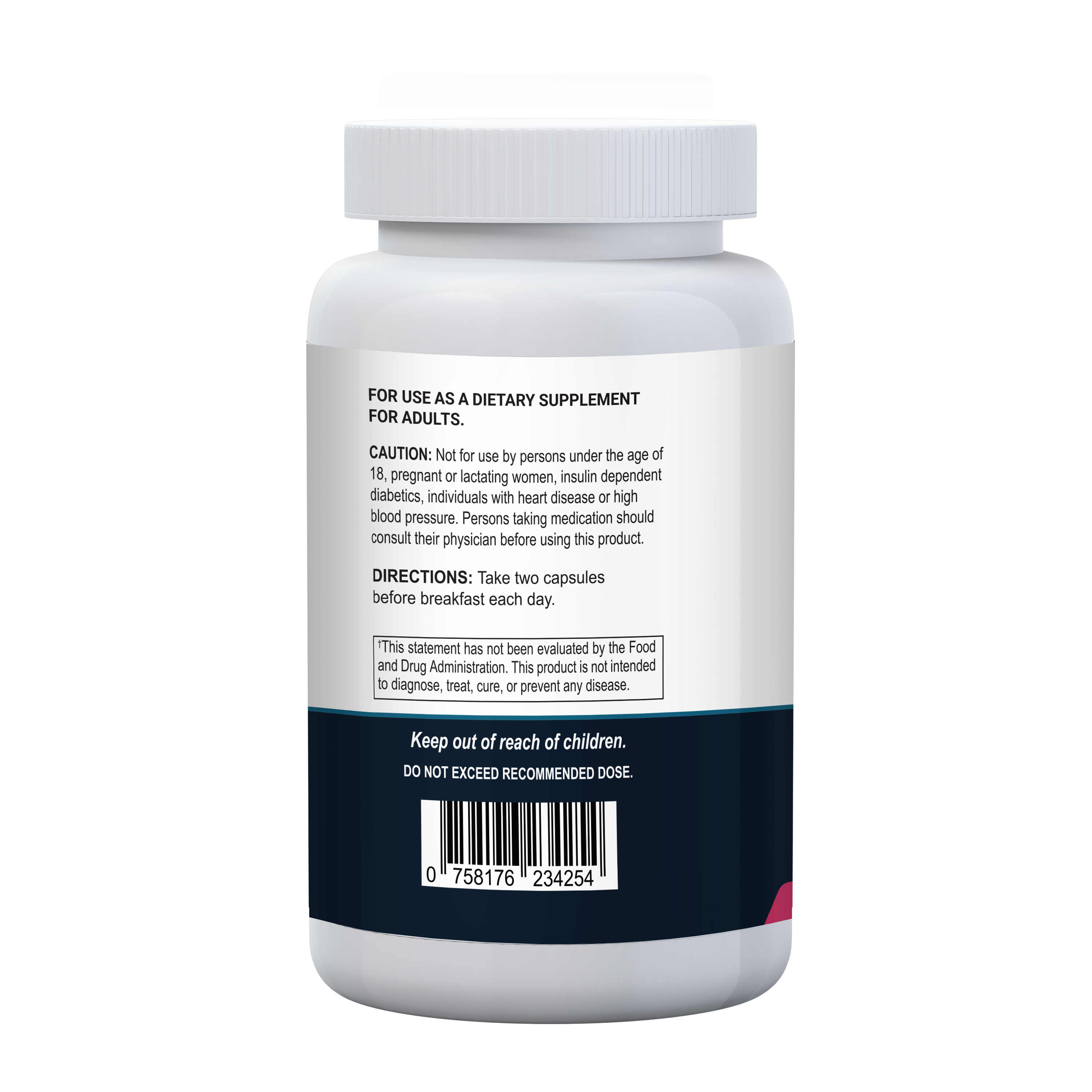 A white dietary supplement bottle displays cautionary and usage instructions, indicating it is for adults only and advises taking two capsules before breakfast each day.
