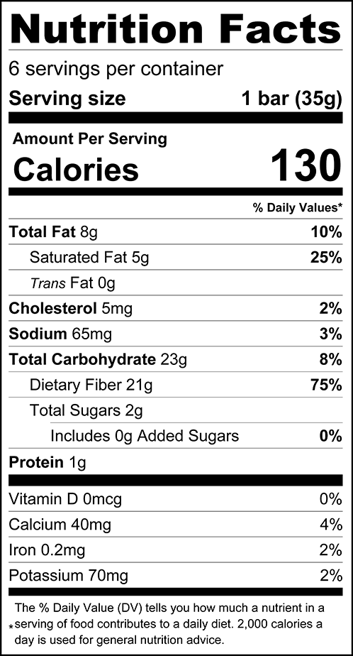 A nutrition facts label displays detailed information about a snack bar, including serving size, calories, fats, carbohydrates, sugars, protein, and essential vitamins and minerals.
