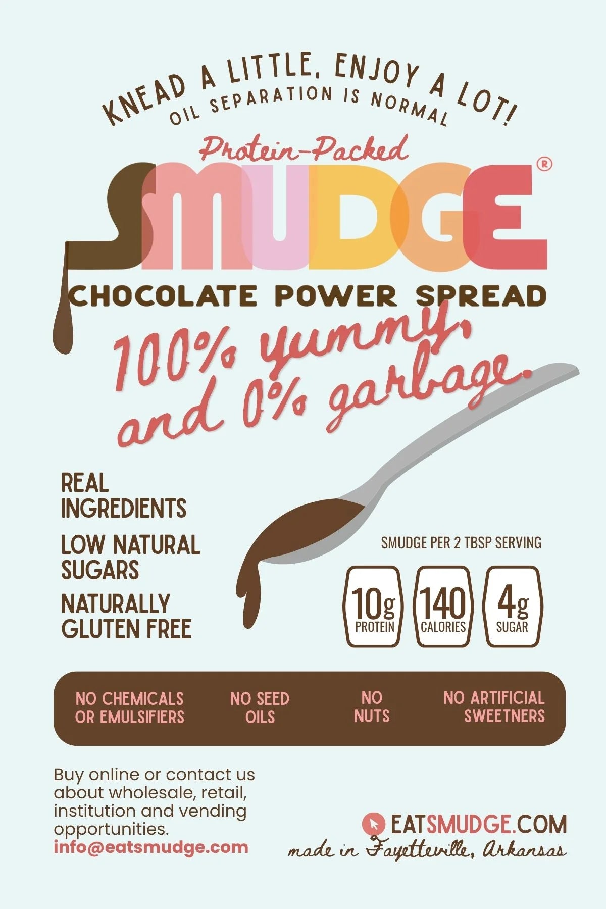 A colorful product label for "Smudge" chocolate power spread highlights its protein content, natural ingredients, and gluten-free status, with a spoonful of chocolate spread depicted.
