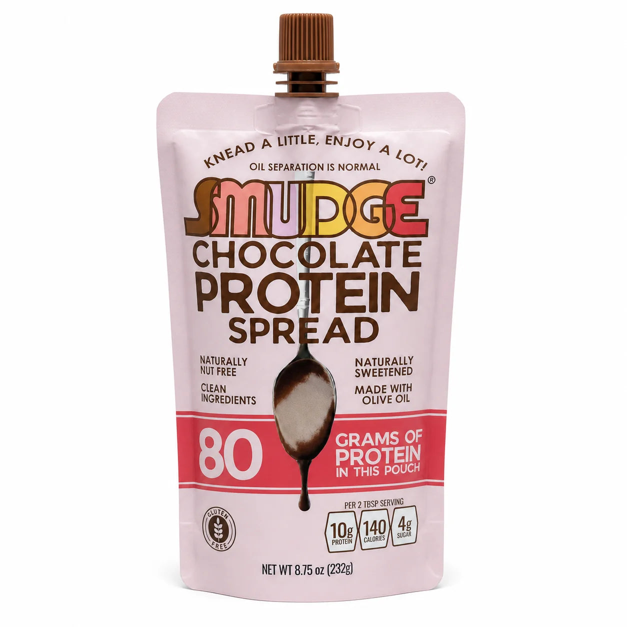 A pink pouch of Smudge Chocolate Protein Spread features a spoon graphic, highlighting 80 grams of protein, with text indicating it's nut-free, gluten-free, and made with clean ingredients.