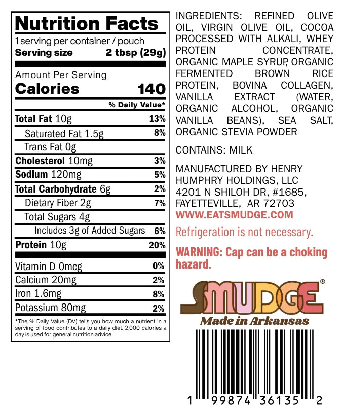 Nutrition facts label for a food product, detailing serving size, calories, ingredients, and nutritional information, with a warning about the cap being a choking hazard, and branding for "SMUDGE."