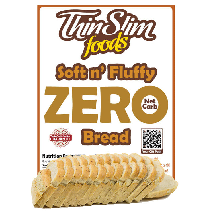 A package of ThinSlim Foods Soft n' Fluffy Zero Net Carb Bread displays sliced bread in front of a colorful label highlighting its low-carb features and taste satisfaction guarantee.