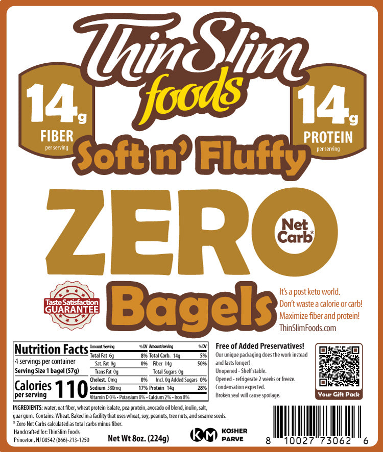 A product label for Thin Slim Foods' Soft n' Fluffy Zero Bagels, highlighting 14g of fiber and protein per serving, with nutritional information and a guarantee of taste satisfaction.