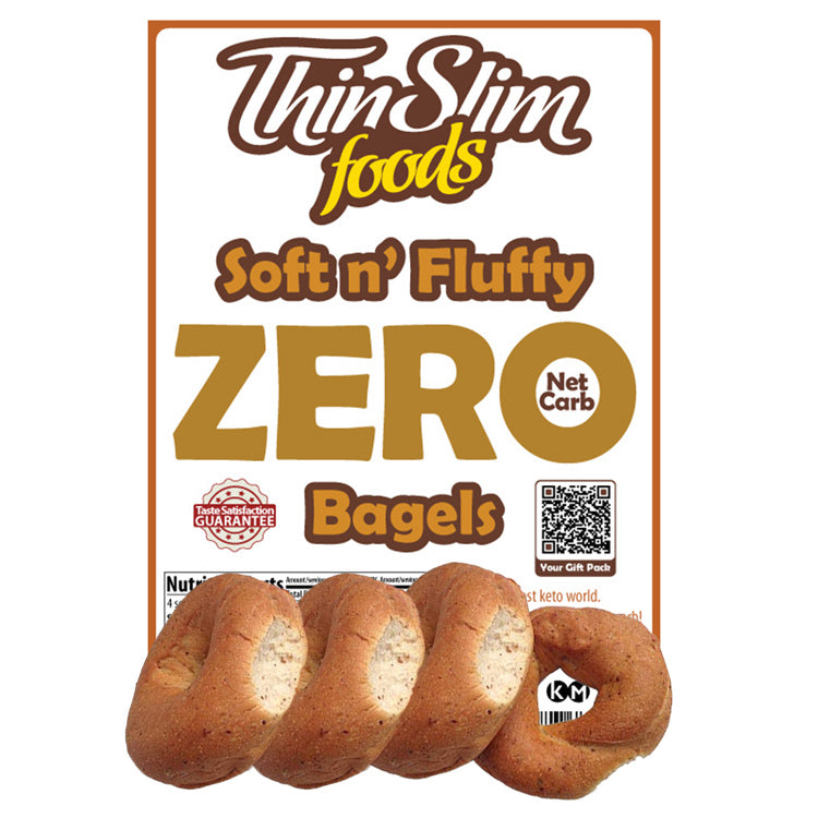 Four bagels are displayed in front of a packaging label that reads "ThinSlim Foods Soft n' Fluffy ZERO Net Carb Bagels," highlighting their low-carb feature.