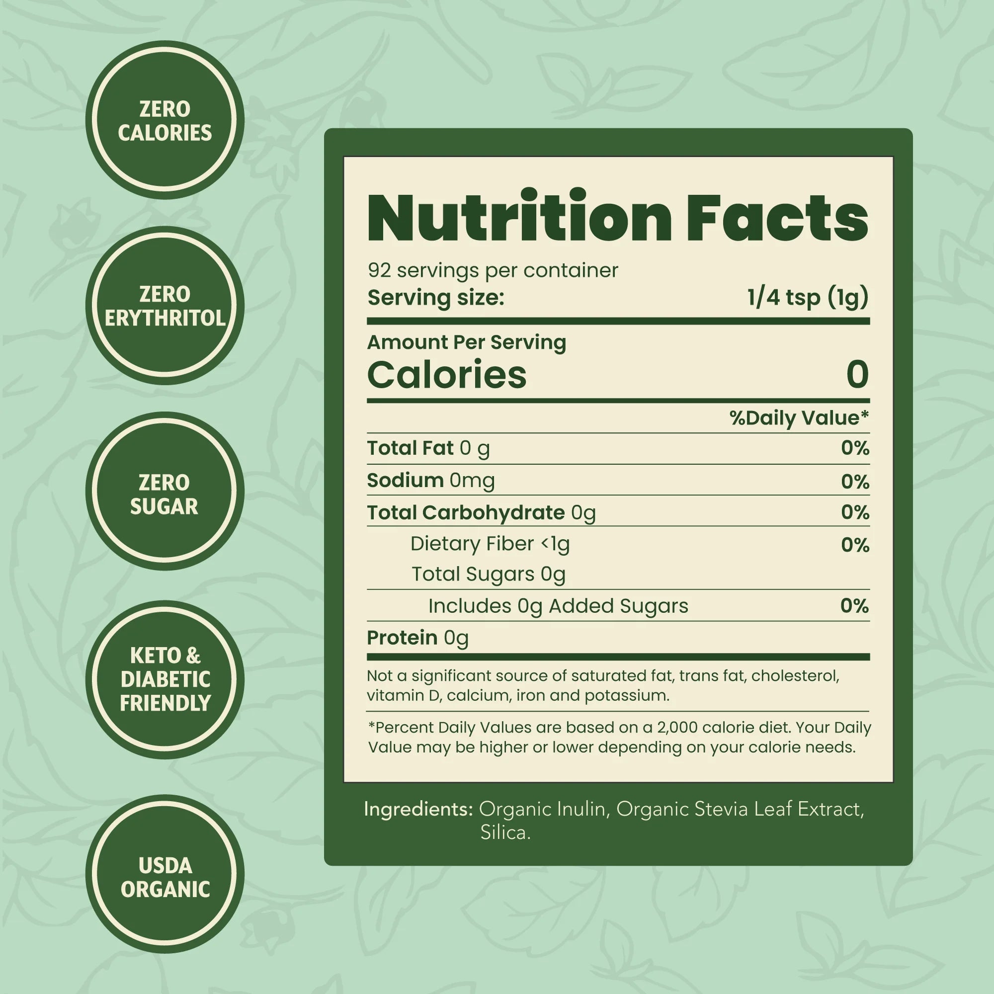 Nutrition facts label showing zero calories, zero sugar, and zero erythritol, with details on serving size, ingredients, and dietary information, set against a light green background with leaf patterns.