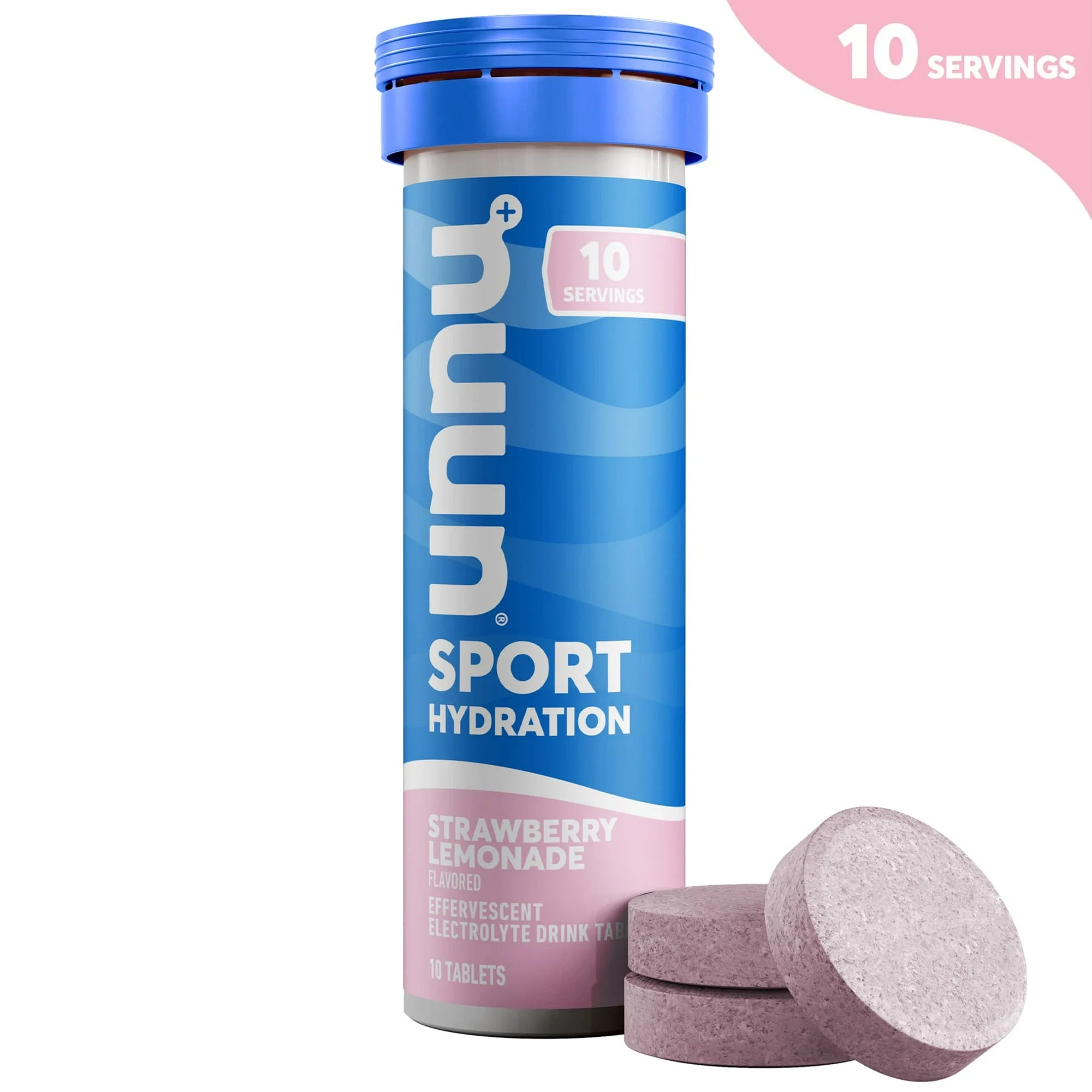 A blue tube labeled "unuu Sport Hydration" with "Strawberry Lemonade" flavor stands upright, accompanied by three effervescent tablets in pinkish hues, indicating it contains 10 servings.