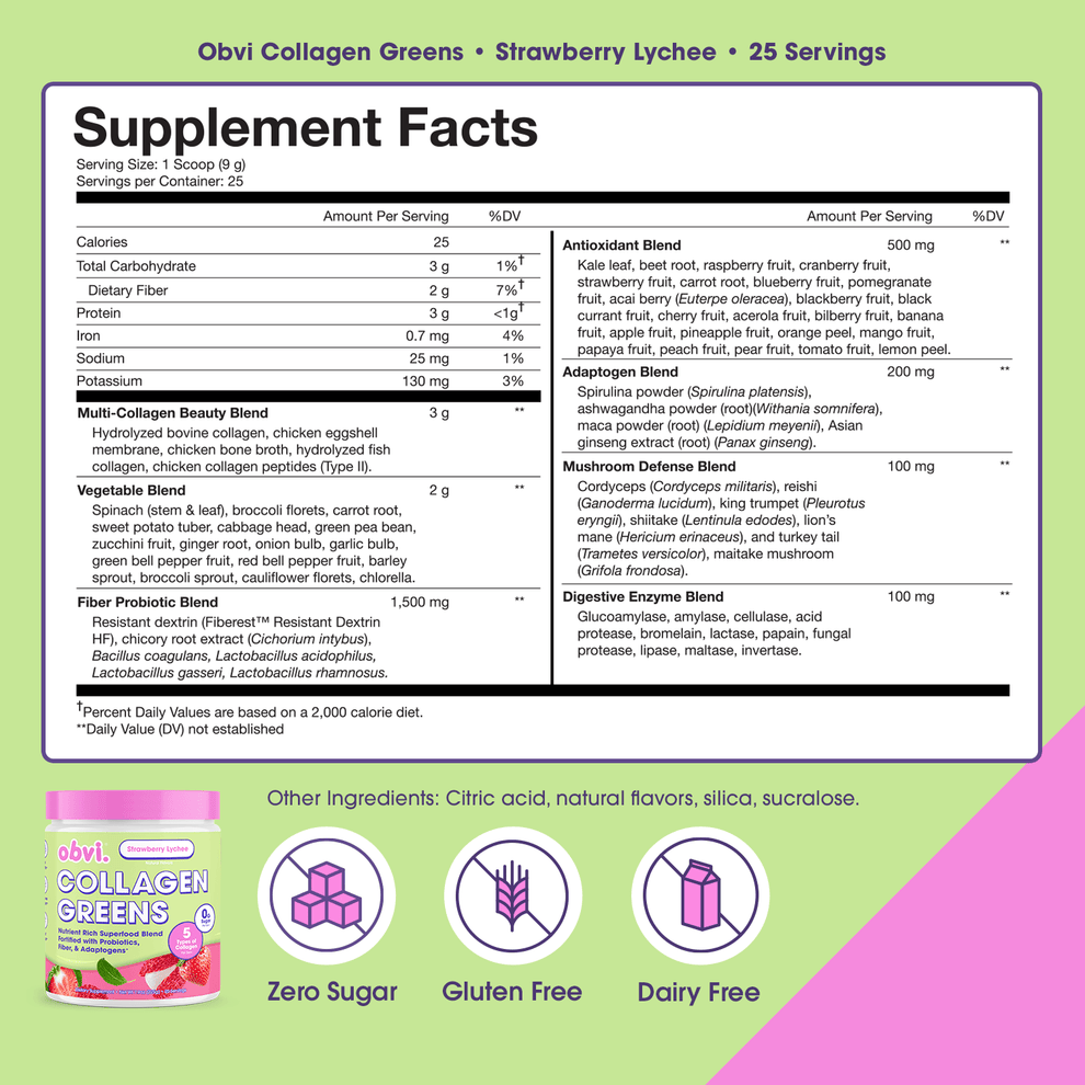 Obvi Collagen® Greens, 7.9 oz - Strawberry Lychee