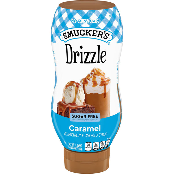 A bottle of Smucker's Drizzle caramel syrup features a no-mess cap and displays images of ice cream and a dessert topped with the syrup, labeled as sugar-free and artificially flavored.