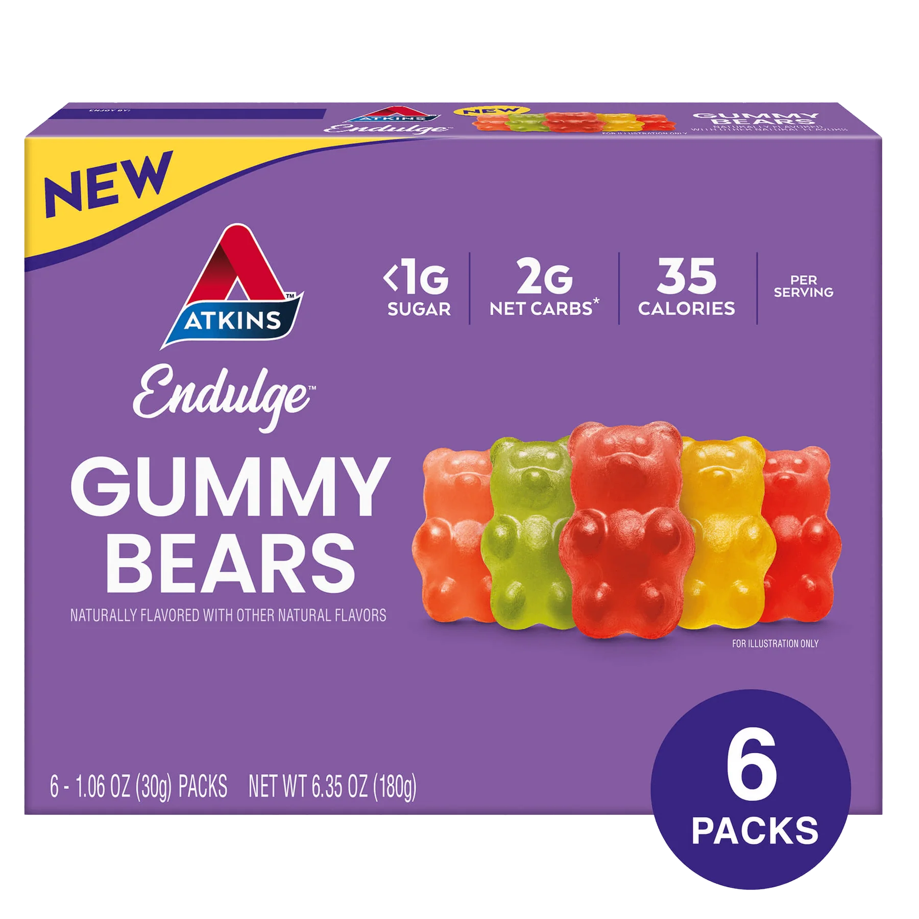A colorful package of Atkins Endulge gummy bears, featuring six individual packs, displays the product's low sugar content and natural flavors against a purple background.