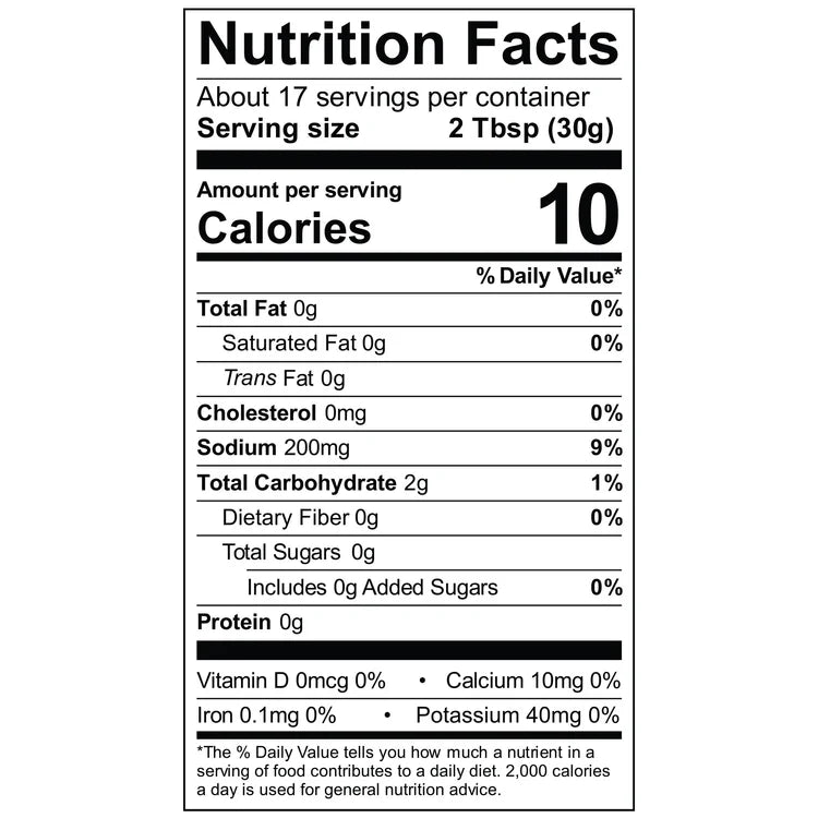 A nutrition facts label displays information about a food product, including serving size, calories, and nutrient content such as total fat, sodium, and vitamins.