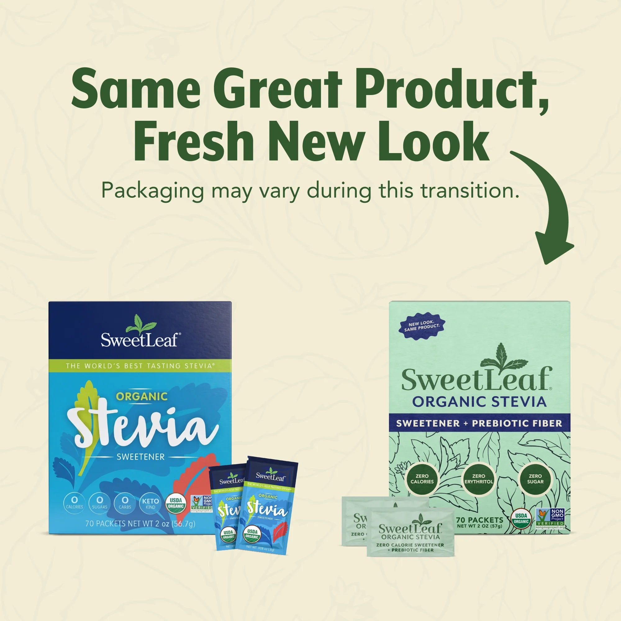 Two boxes of SweetLeaf organic stevia sweetener are displayed side by side, showcasing different packaging designs, with a note indicating that packaging may vary during the transition.