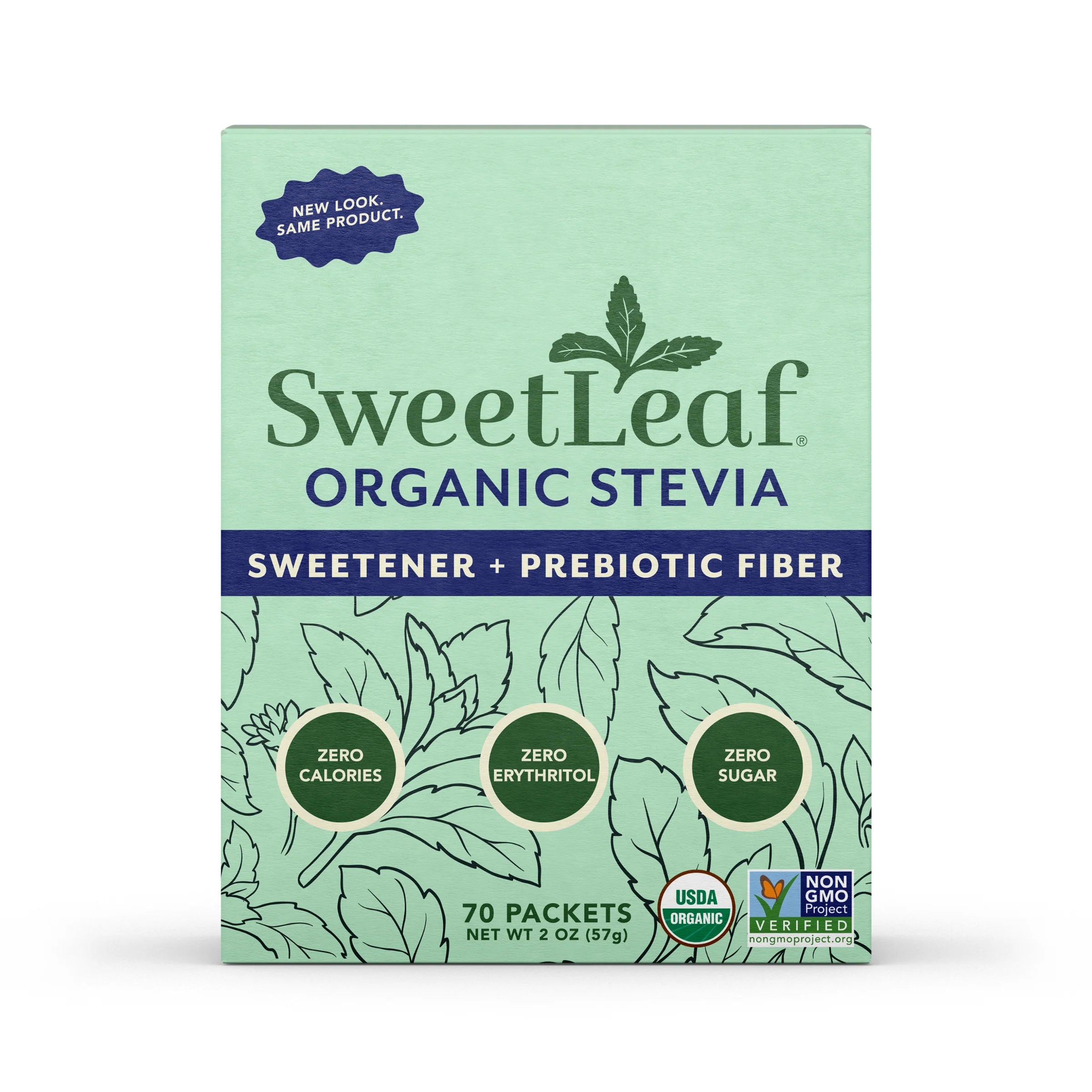 A light green box of SweetLeaf Organic Stevia sweetener features a leafy design, highlights zero calories, erythritol, and sugar, and includes 70 packets, labeled as USDA Organic and Non-GMO Project Verified.