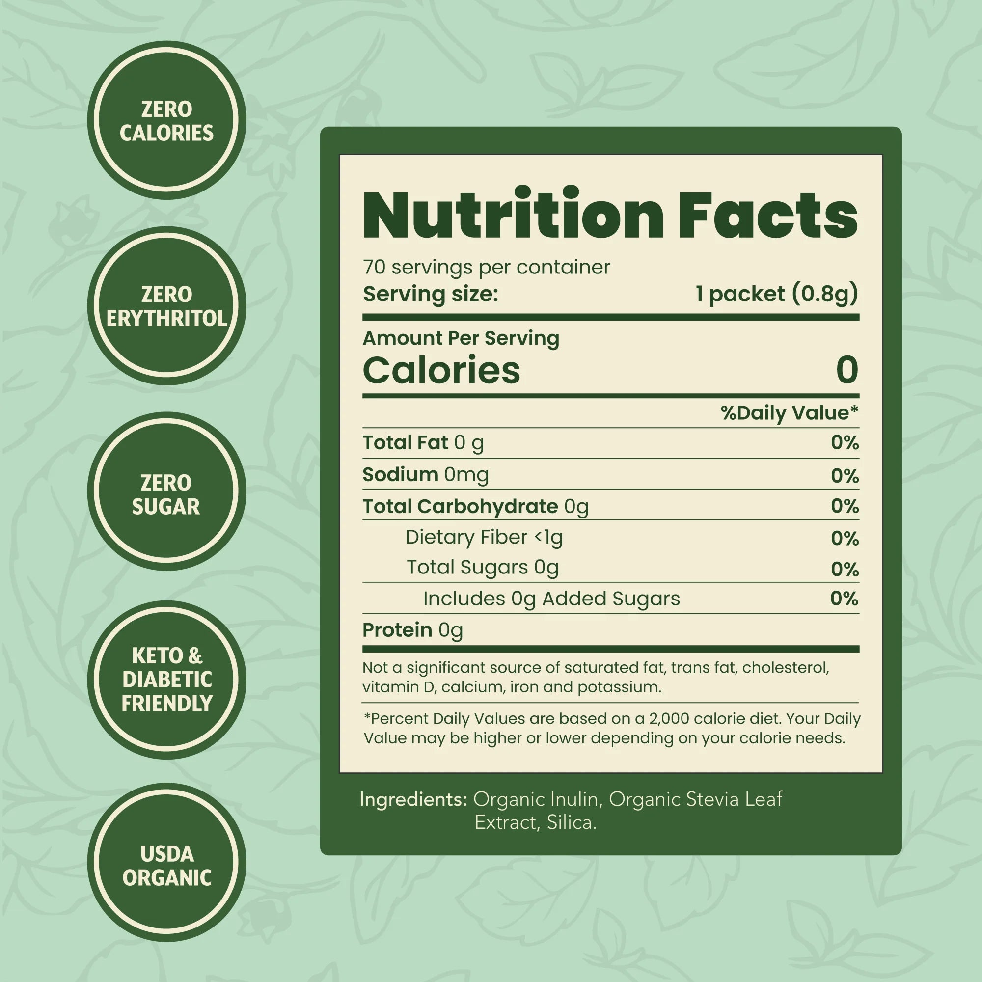 A green nutrition facts label displays zero calories, sugar, and erythritol, with details on serving size, ingredients, and dietary benefits for keto and diabetic-friendly diets.
