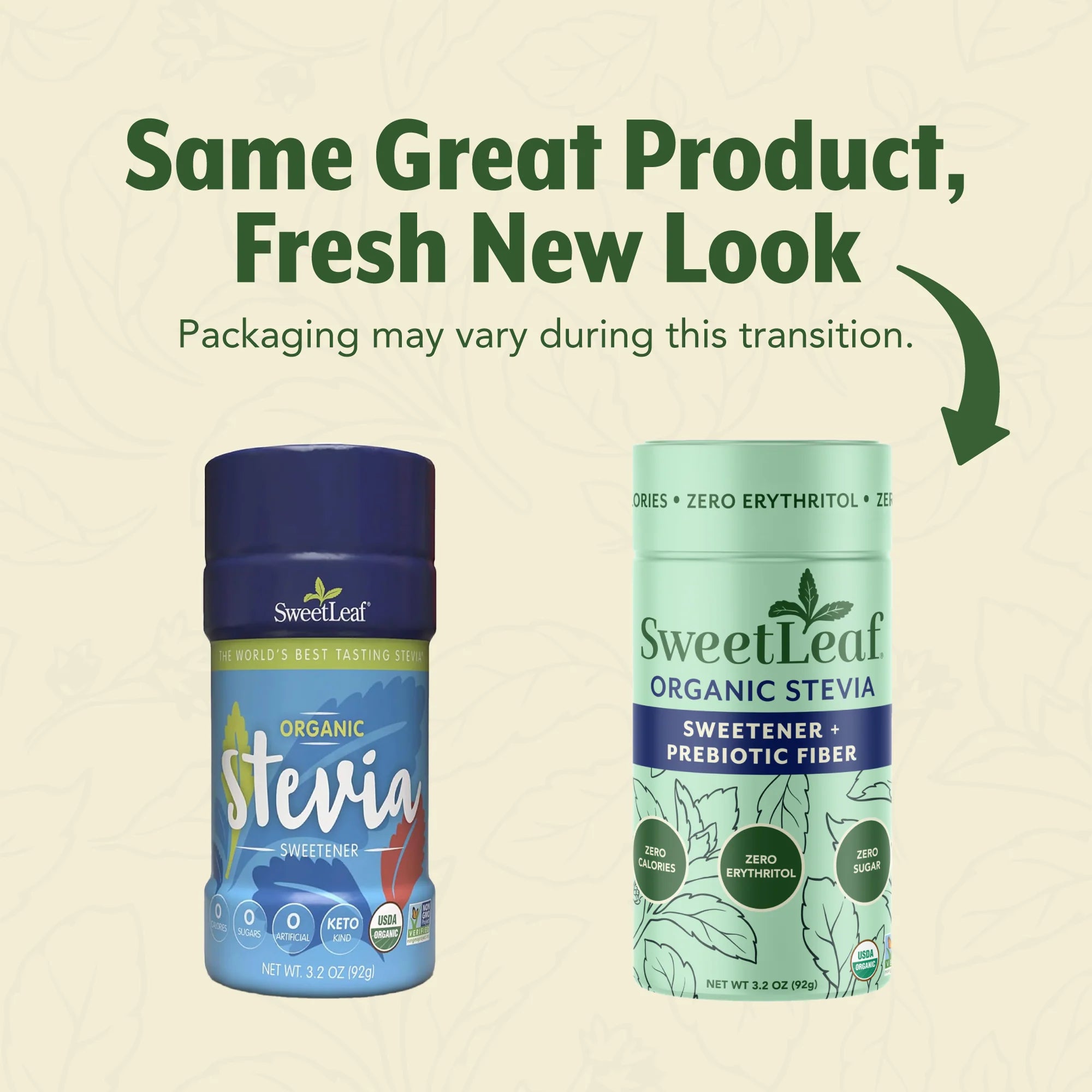 Two containers of SweetLeaf organic stevia sweetener are shown side by side, one with a blue label and the other with a green label, highlighting a packaging change while emphasizing the product's consistency.